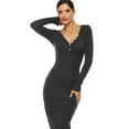 thumbnail image 5 of Women Long Sleeve Sexy V-Neck Buttons Bodycon Midi Long Dress Solid Color Ribbed Knit Package Hip Sweater Clubwear, 5 of 21