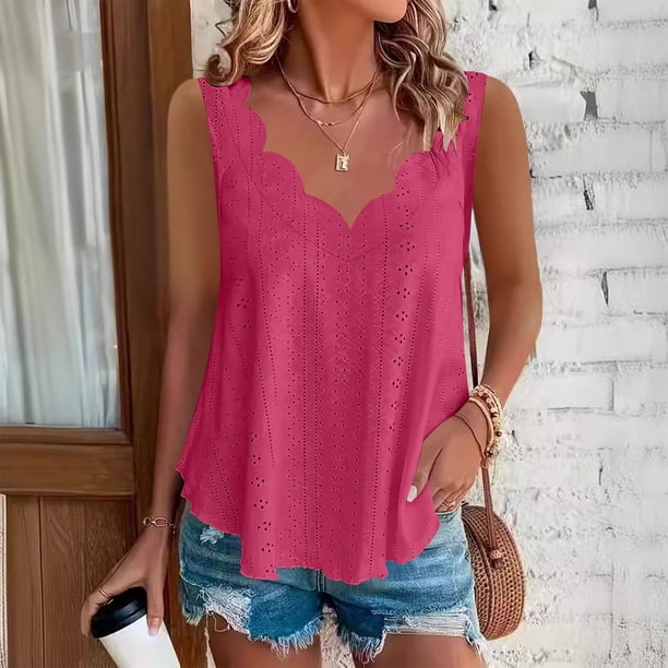 TaTaai Solid Color Women Tank Top Palace Lock Wave Edge Sleeveless Irregular V Neck Breathable Non See-through Machine Washable No Fading Casual Fashion Daily Top Gift