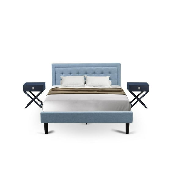 East West Furniture 3-Piece Fannin Wooden Set for Bedroom with 1 Platform Bed Frame and 2 Modern Nightstands - Reliable and Sturdy Construction - Denim Blue Linen Fabric