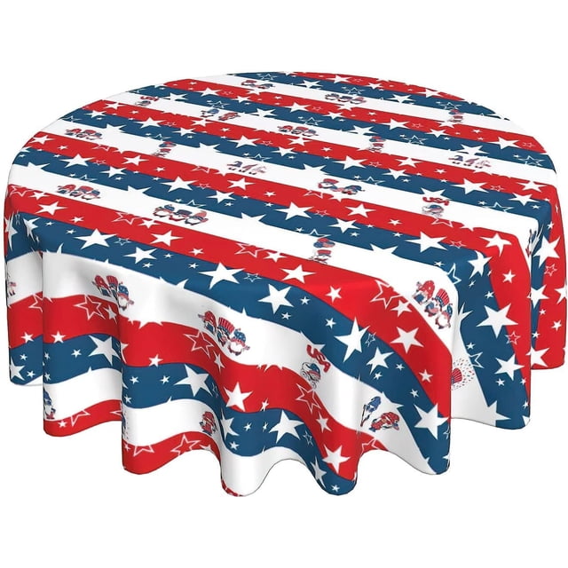 Fourth of July Tablecloth Round 60 Inch Patriotic Red White and Blue American Flag Gnomes Tablecloths Washable Wrinkle Stain-Resistant Table Cloth Polyester Table Cover for Veterans Day Memorial Day