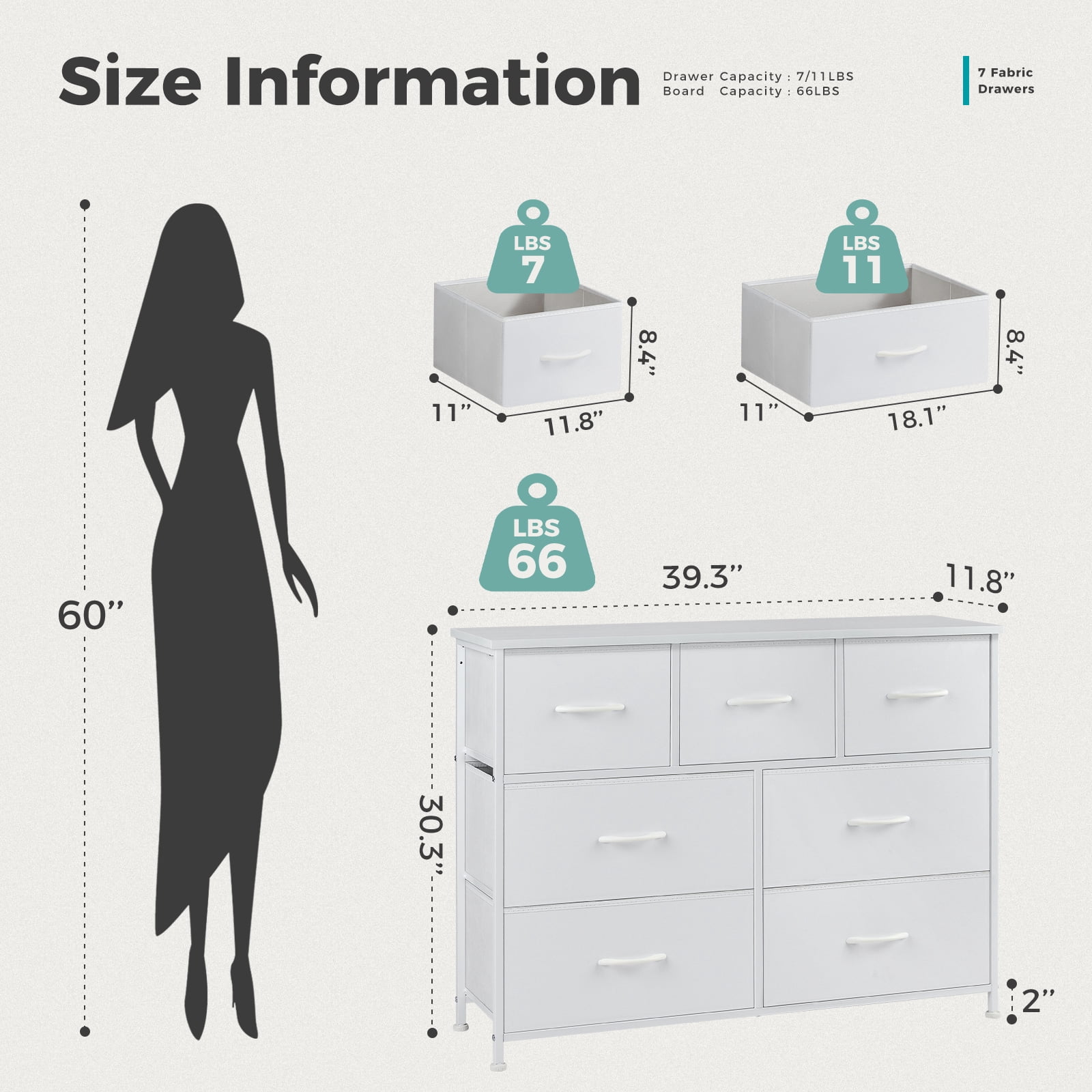 MCQ 7 Drawer Fabric Dresser, Chest of Drawer Organizer Storage Cabinet for Closet, Entryway, Bedroom, Living Room, White