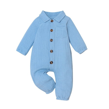 

ESASSALY Baby Girl Boy Romper Solid Color Long Sleeve Button Down Jumpsuit