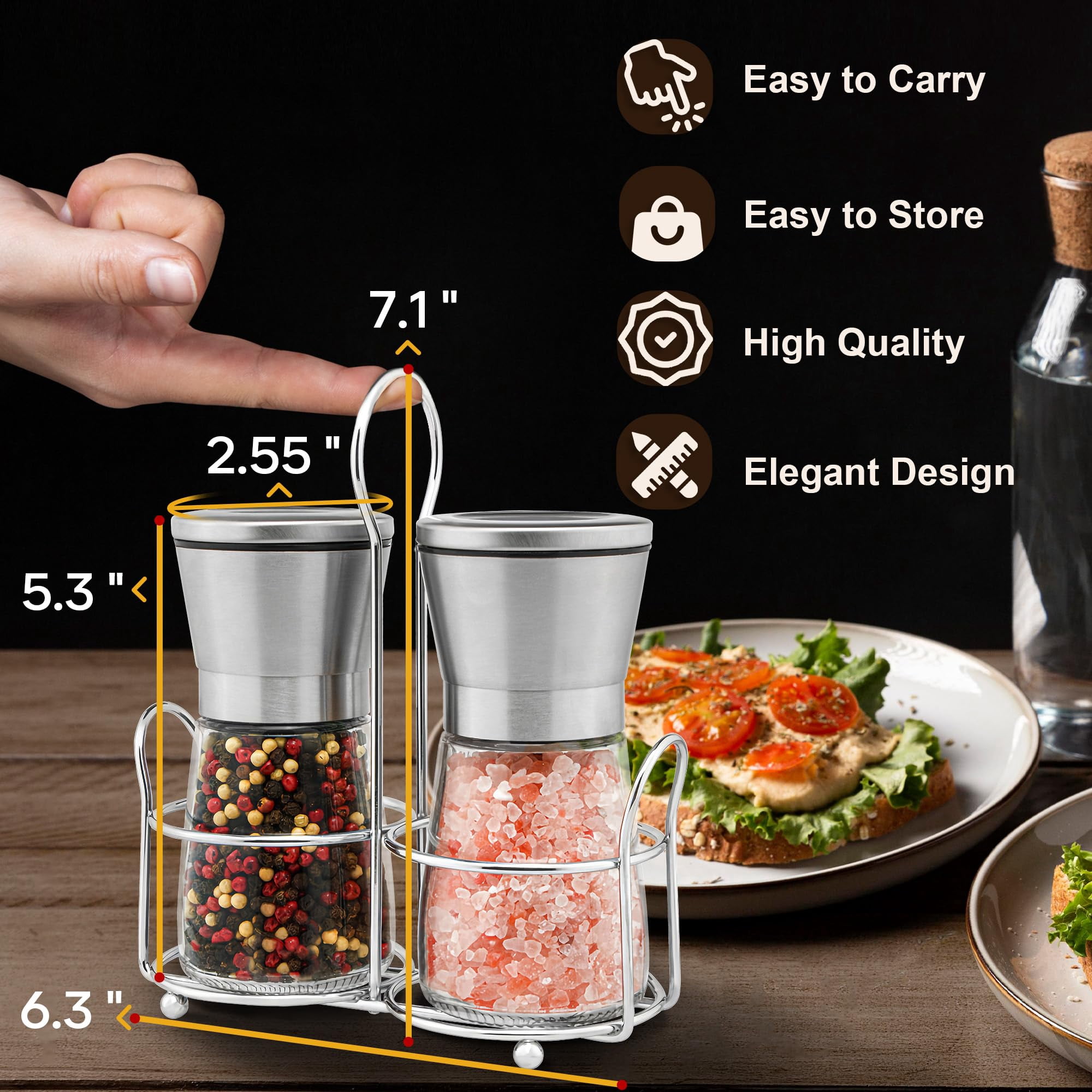 Stainless Steel Salt and Pepper Grinder Set with Adjustable Coarseness Glass Spice Shakers Ceramic Mills Easy Clean with Funnel