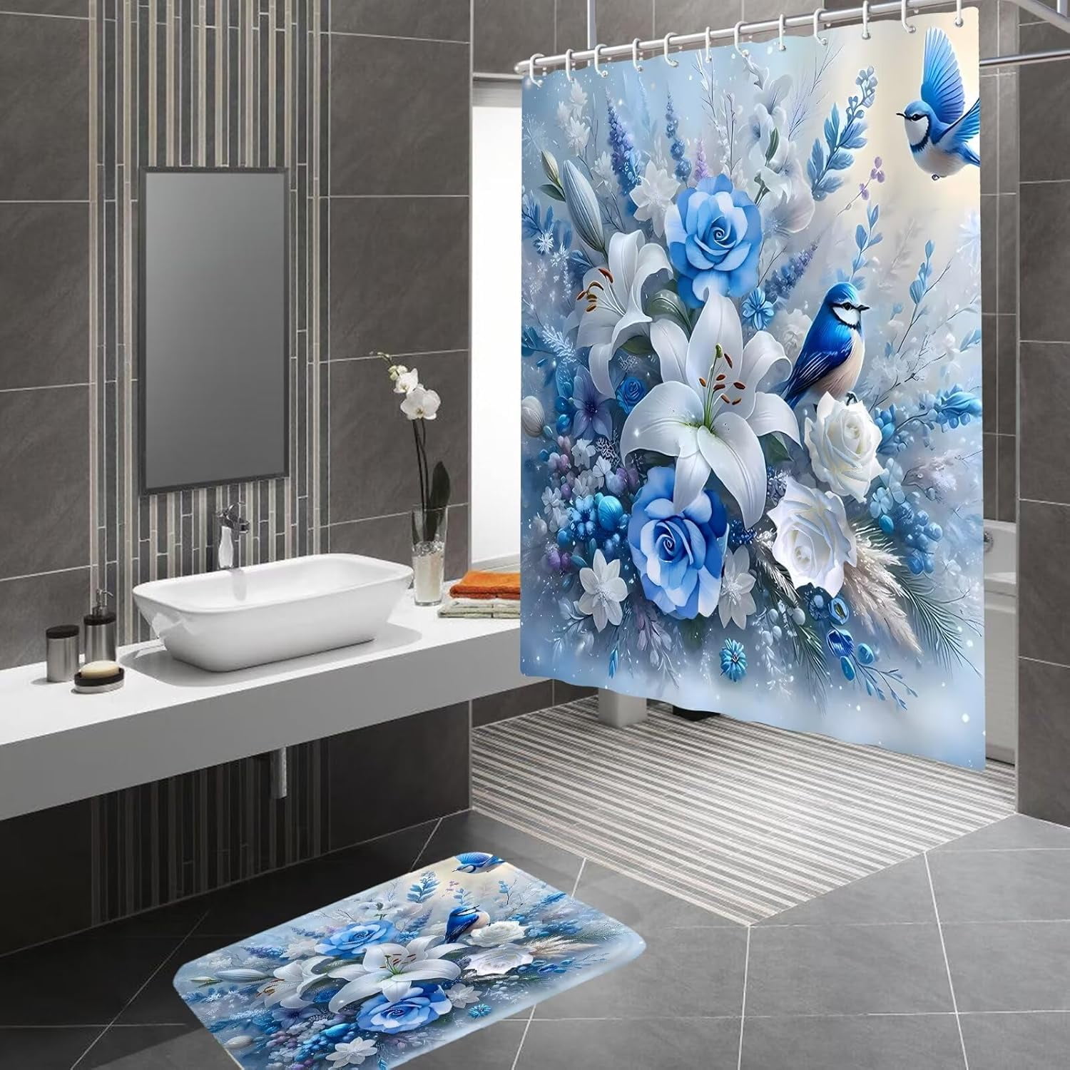 4Pcs Butterfly Shower Curtain Sets with Rugs Butterfly Pearl Bathroom Set with Non-Slip Rugs Toilet Lid Cover and Bath Mat Vintage Shower Curtain with 12 Hooks, Durable Bathroom Decor Set
