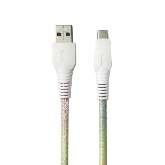 onn. USB to USB-C Glitter Cable, Bright Multi-Color, 6'