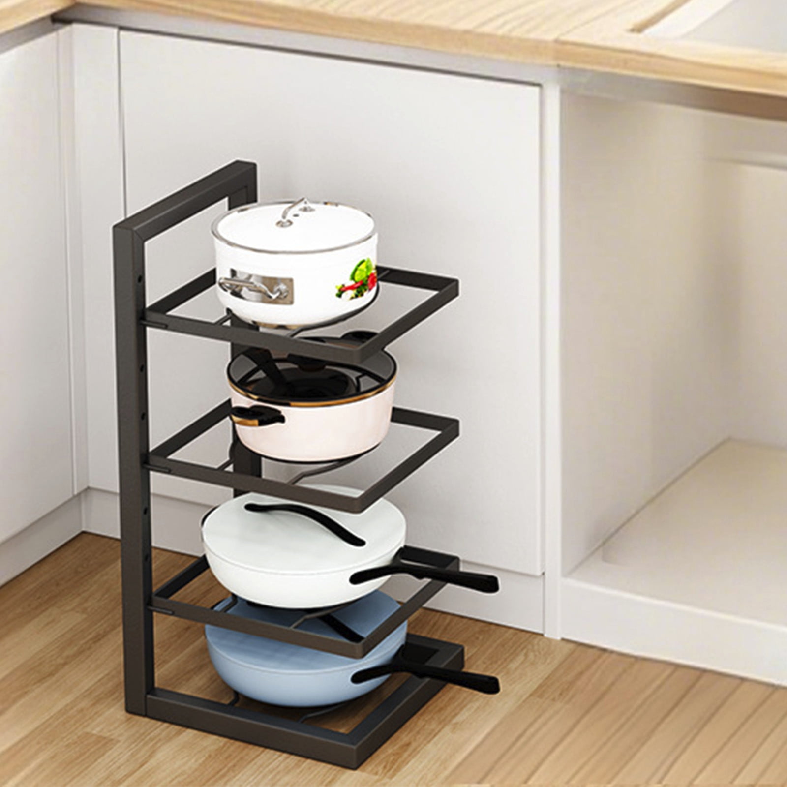 Oggfader 4 Tier Adjustable Under Sink Organizer, Carbon Steel Kitchen Storage Rack for Pots & Cabinets, Space Saving