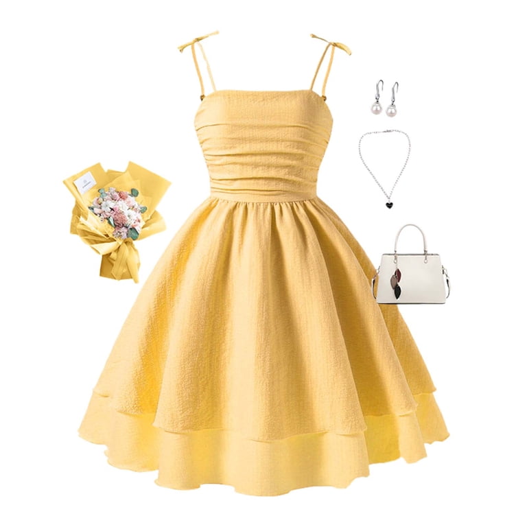 Miashui Girls Layered Tie Shoulder Flowy Dress Smocked Ruched A Line Swing Dress,Yellow,8 Years Miashui Girls Layered Tie Shoulder Flowy Dress Smocked Ruched A Line Swing Dress,Yellow,8 Years