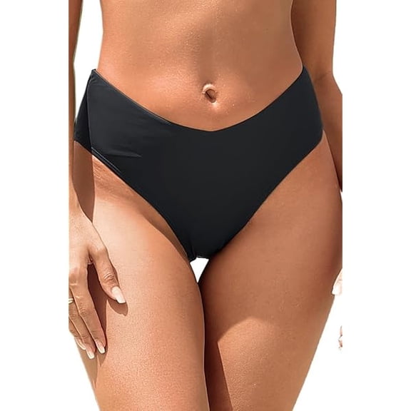 Women V Cut Cheeky Bikini Bottoms - Mid Waist High Cut Swim Bathing Suit Bottoms V Front Swimsuit