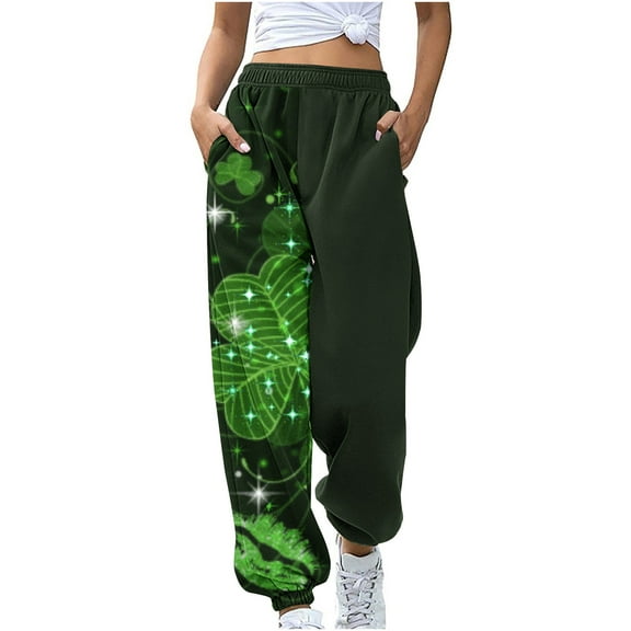 Honeeladyy St Patricks Day Pants for Women,Shamrock Elastic Waisted Baggy Sweatpant 2024 Jogger Lounge Trousers with Pockets Green S