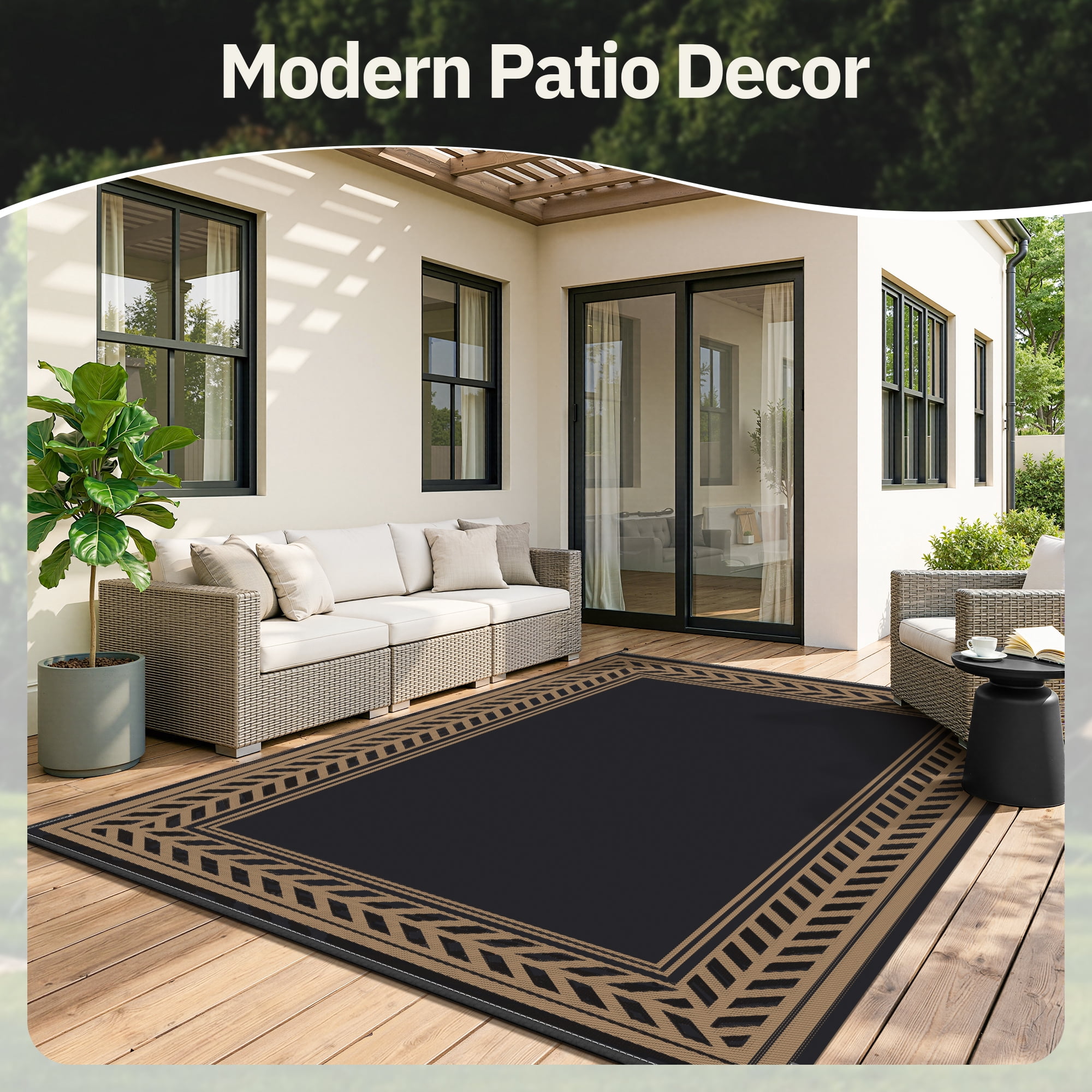 SIXHOME Outdoor Rug 5'x8' Waterproof Reversible Patio Rug Boho Geometric Indoor Outdoor Rugs Lightweight Plastic Straw Ourdoor Carpet for RV Camping Deck Balcony Modern Porch Decor Black and Brown
