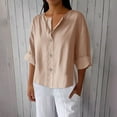 thumbnail image 2 of Button Down Shirts for Women 3/4 Sleeve Cotton and Linen Fashion Solid Color V Neck Loose T Thirt Blouse, 2 of 8