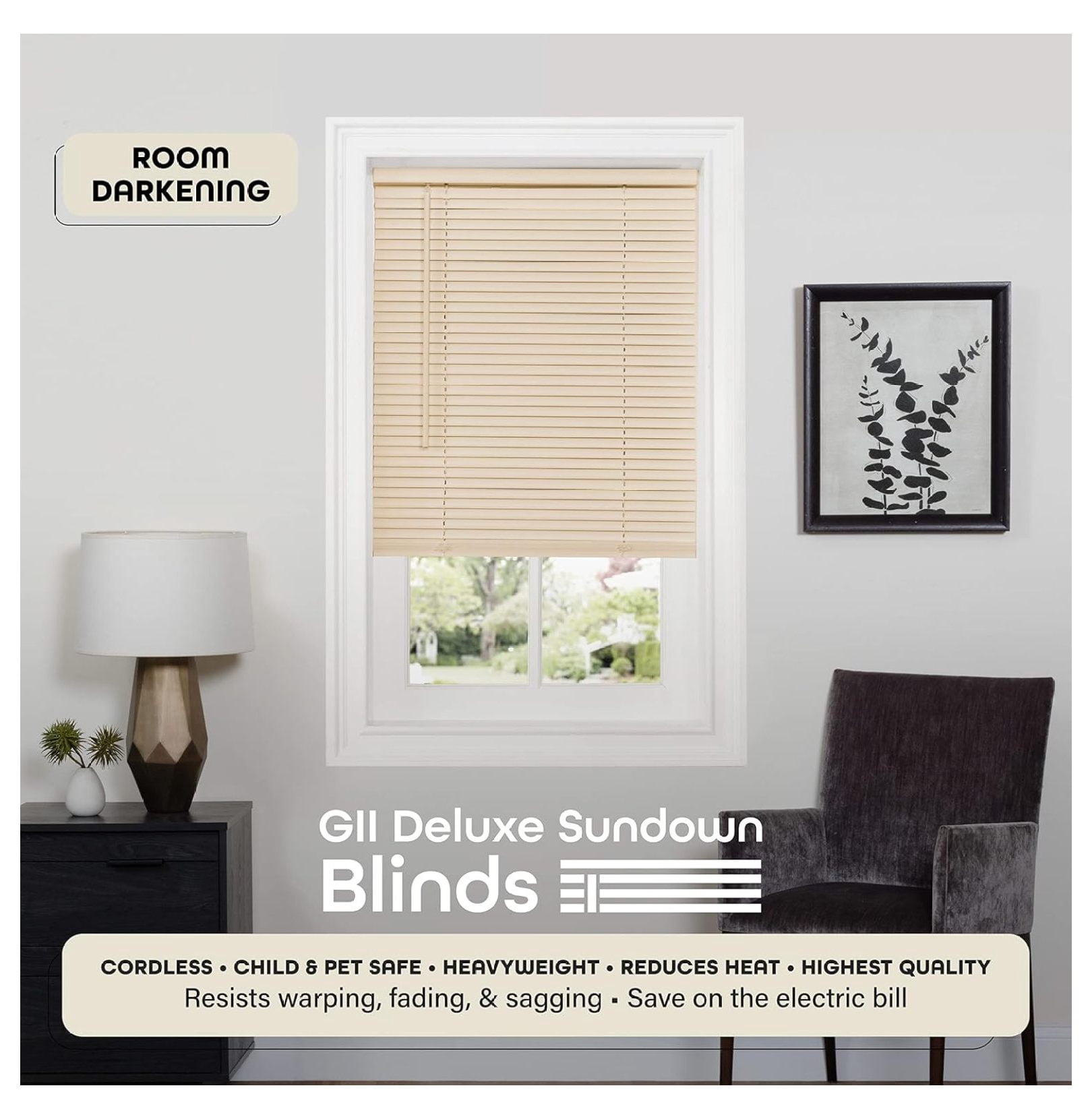 Cordless Room Darkening Mini Blind - 43 Inch Width, 64 Inch Length, 1" Slat Size - Alabaster - Cordless GII Deluxe Sundown Horizontal Windows Blinds for Interior by Achim Home Decor 43"W x 64"H