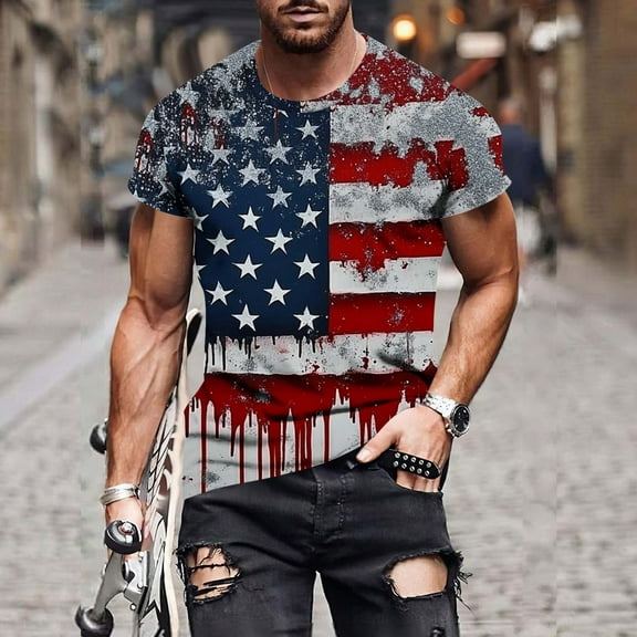 Axiiglly T Shirts for Man Independence Day Oversized Tshirts 4th of July Workout Shirts Flag Print Crew Neck Gym Shirts Patriotic Plus Size Casual Shirts