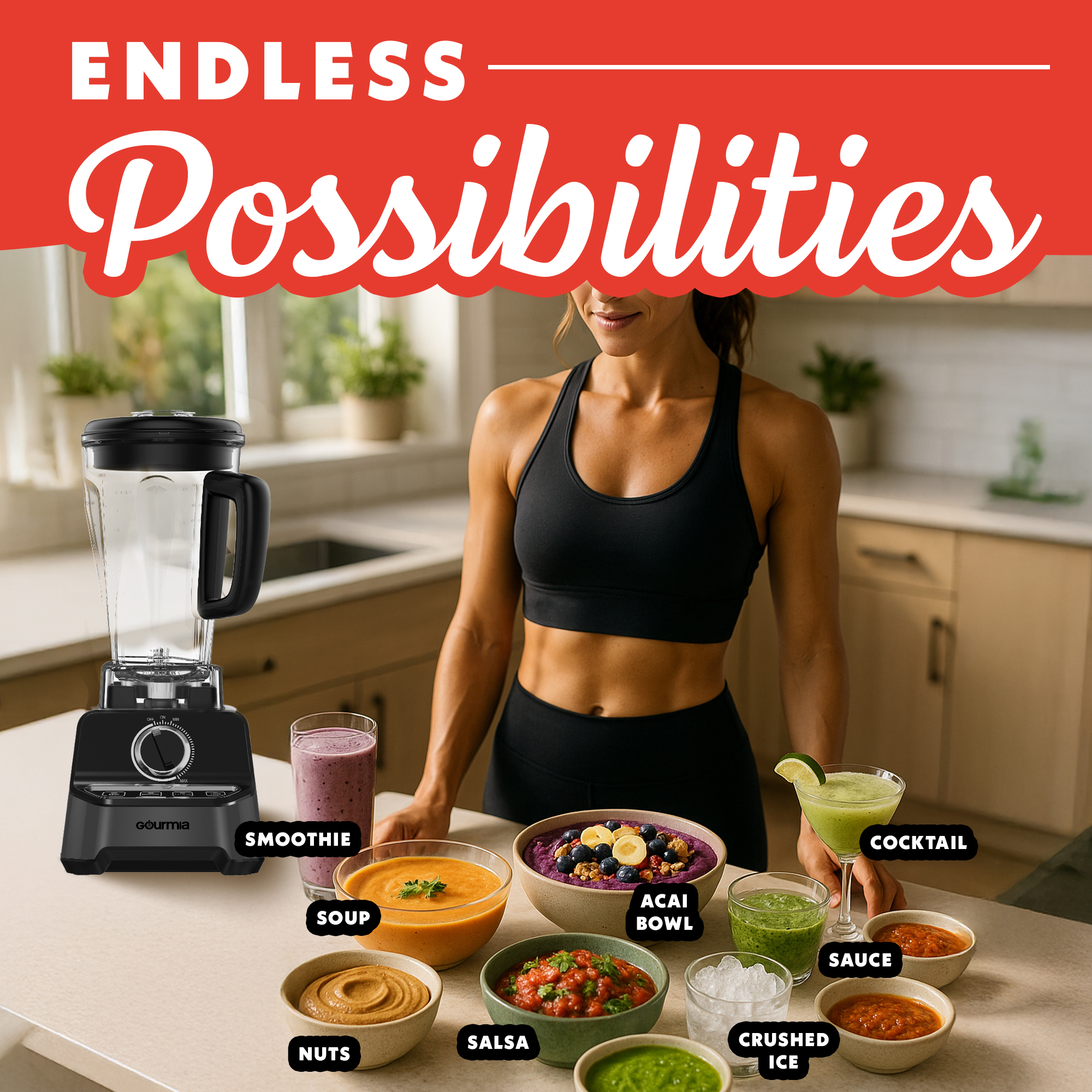 Gourmia Commercial Blender with 2L BPA-Free Jar, 4 Presets, Tamper Included