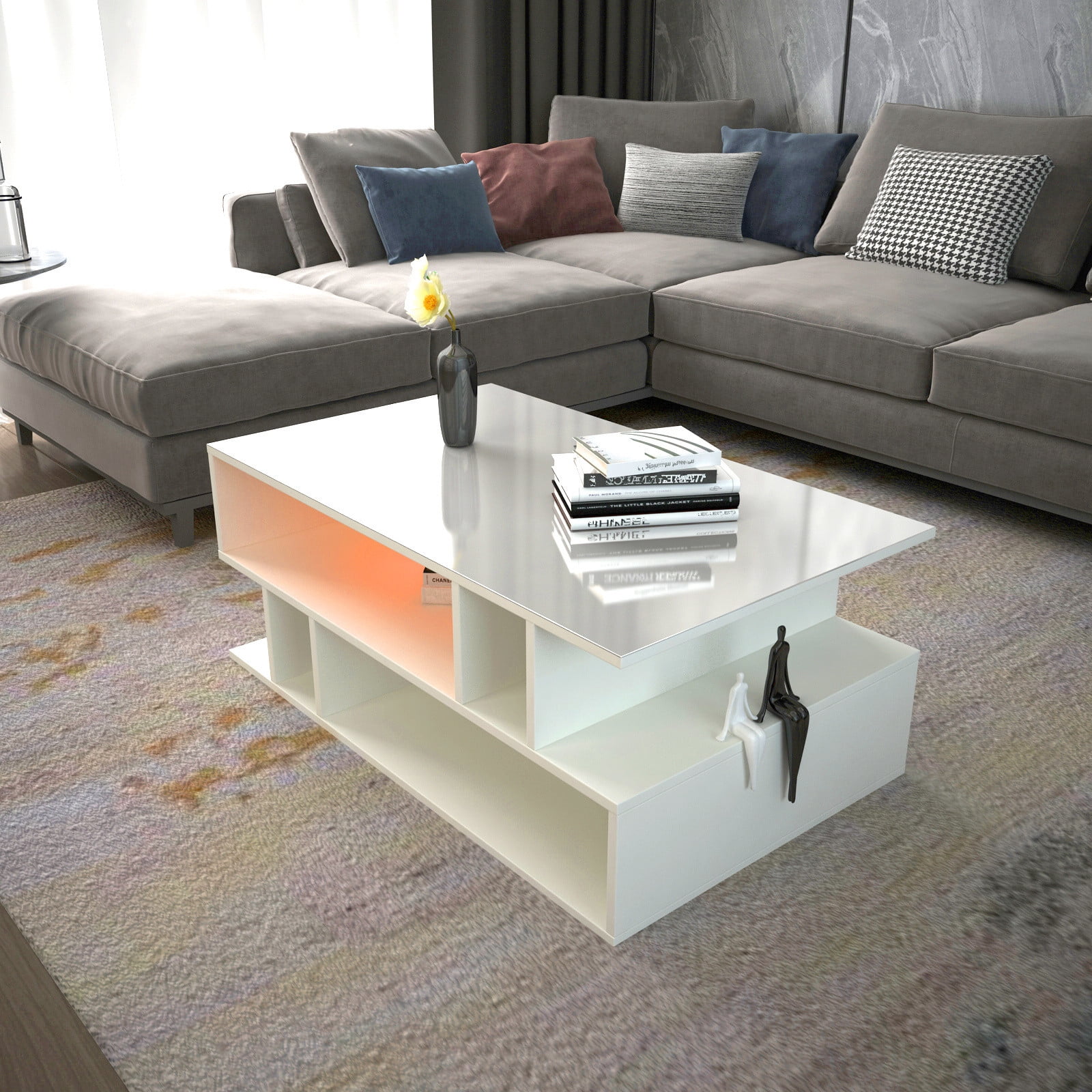 Modern Glossy White Coffee Table With LED Lighting, High Gloss Coffee