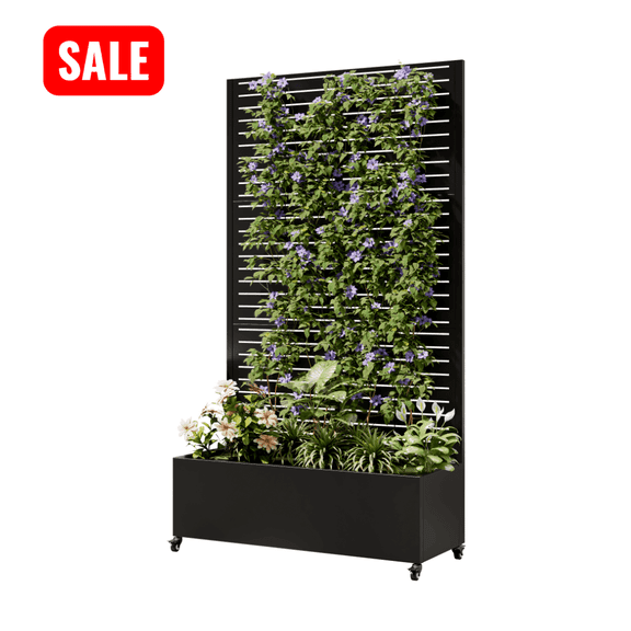 Tcbosik Metal Raised Garden Bed with Wheels and Trellis, Planter Box with Drainage Holes for Patio, Backyard, Trellis & Privacy Screen for Climbing Plants, Vegetables & Vines, Black