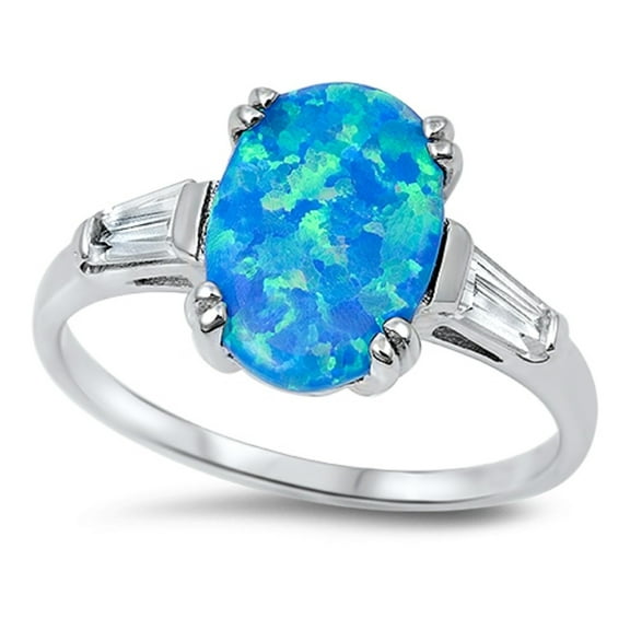 Oval Blue Simulated Opal Ring Sterling Silver Size 5