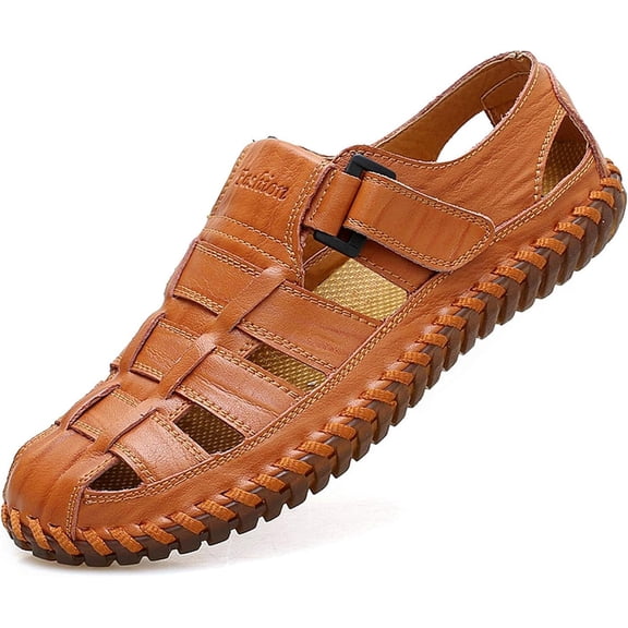 Men's Closed Toe Sport Sandals - Leather Outdoor Fisherman Shoes, Anti-Slip Rubber Sole for Summer Beach