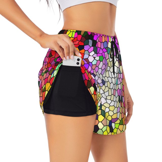 Balery Colorful Tie Dye Stained Glass 3 Pantalones cortos deportivos para mujer con forro y dos bolsillos, elásticos, para entrenamiento, gimnasio, yoga-XX-Large