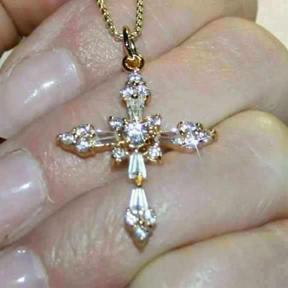 RKC 2Ct Baguette Lab Created Diamond 14K Yellow Gold Plated Women's Cross Pendant