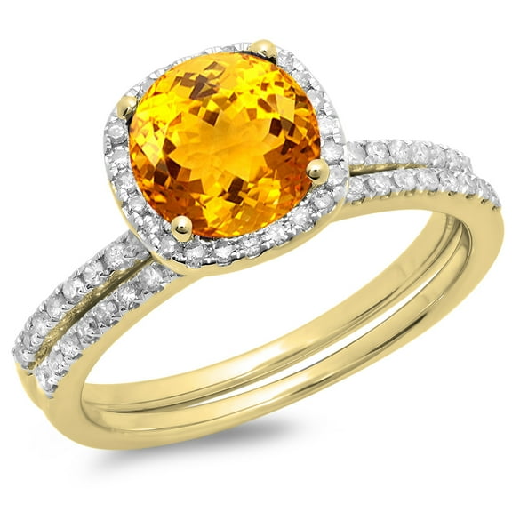 1.75 Carat (ctw) 14K Yellow Gold Round Cut Citrine & White Diamond Ladies Bridal Halo Engagement Ring With Matching Band