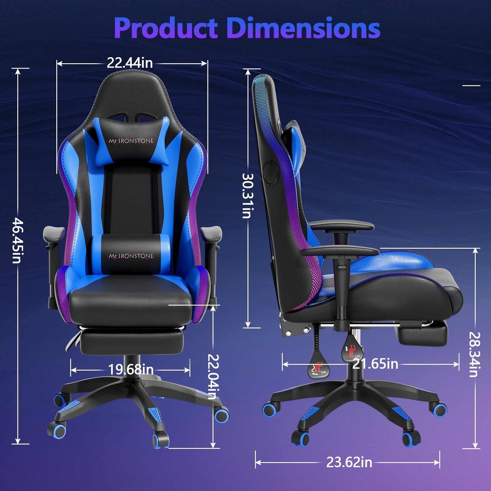 Mr IRONSTONE Gaming Chair for Adults, 7 Point Massage Computer Chair with Bluetooth Speakers RGB, Heavy Duty 400lbs Ergonomic PC Chair with 3D Armrests Footrest, Blue/Black