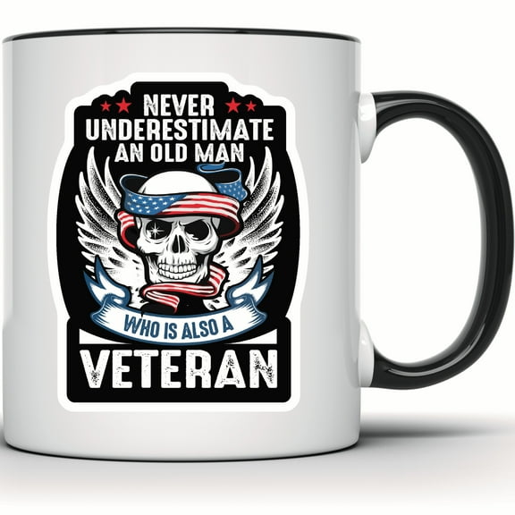 Never Underestimate an Old Man Veteran Mug - American Flag Skull Wings - Patriotic Coffee Mug - Military Gift for Grandpa - 11 Ounce Black Rim Handle Novelty Coffee Cup - WMUG0869-Black Rim
