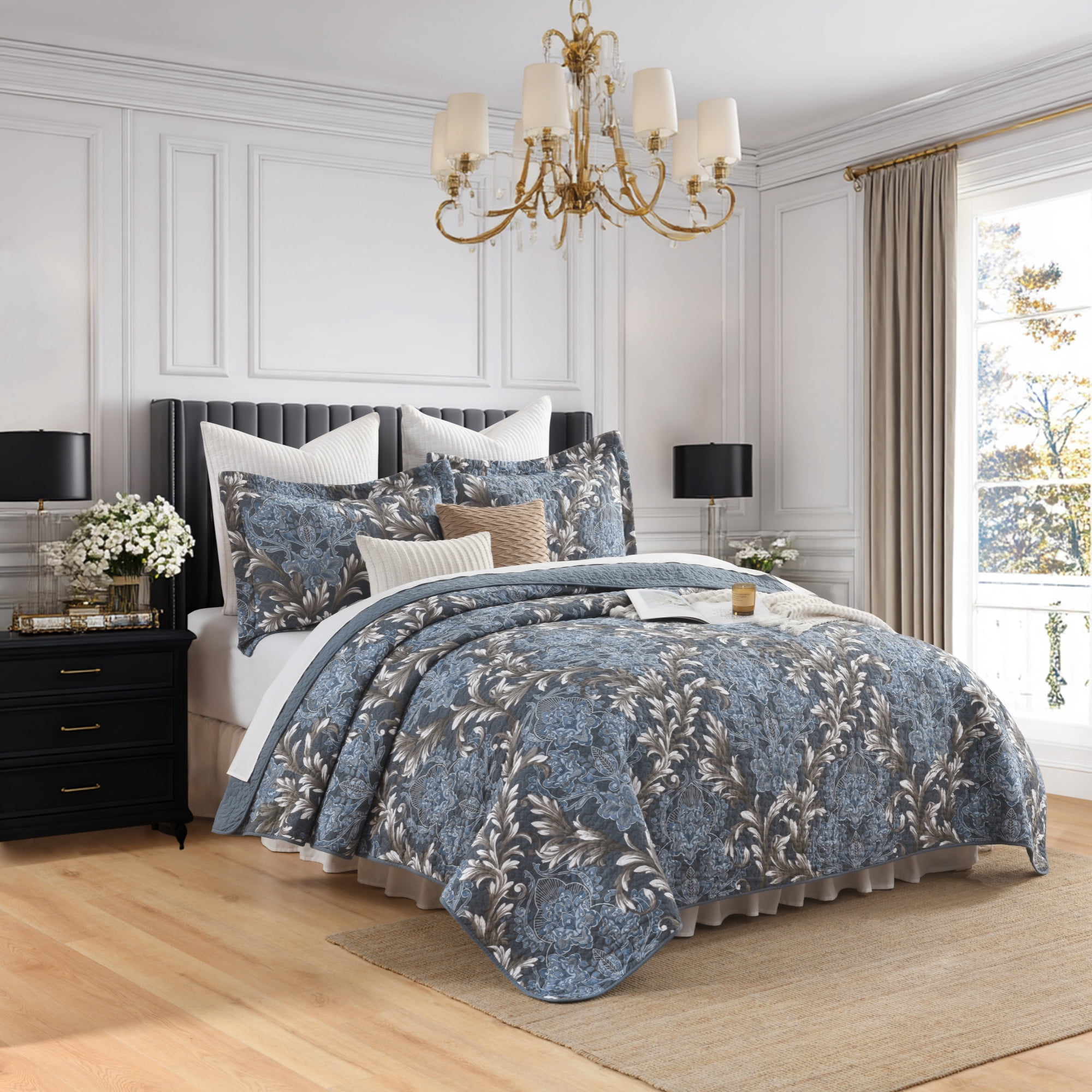 BCOTTOND Floral Quilt Set Queen Size- 100% Cotton Pre-Washed Luxury Coverlet with 2Pillow Shams - Reversible Dimensional Botanical Bedspread(Blue/Grey)