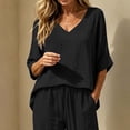 thumbnail image 2 of CYMMPU Women's Summer Linen Blend 2-Piece Outfit, V-Neck 3/4 Sleeve Top with Drawstring Pants, Casual Loungewear Set Black XL, 2 of 7