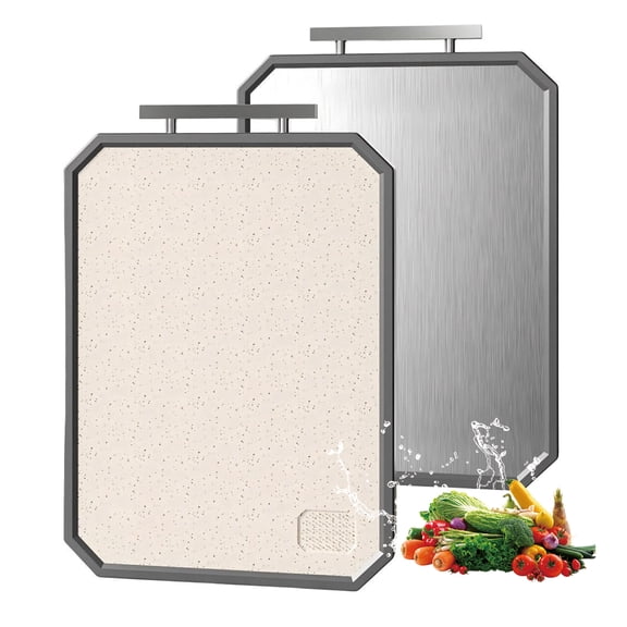 Behome 2-in-1 Stainless Steel Cutting Board, Non Toxic Double Sided Cutting Board for Kitchen, Food Grade Metal & Wheat Straw PP Chopping Board for Meat, Cheese and Vegetables, 16" x 11"