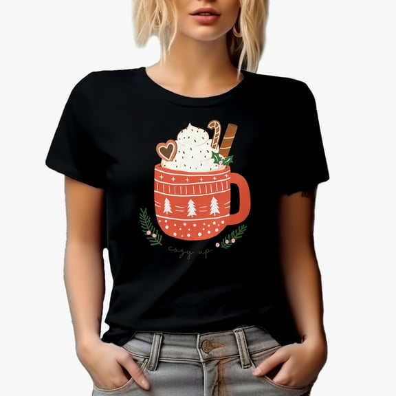 Cozy Up, Hand Drawn Cup of Christmas Hot Chocolate or Cocoa Art Merch Gift, Black T-Shirt, Small