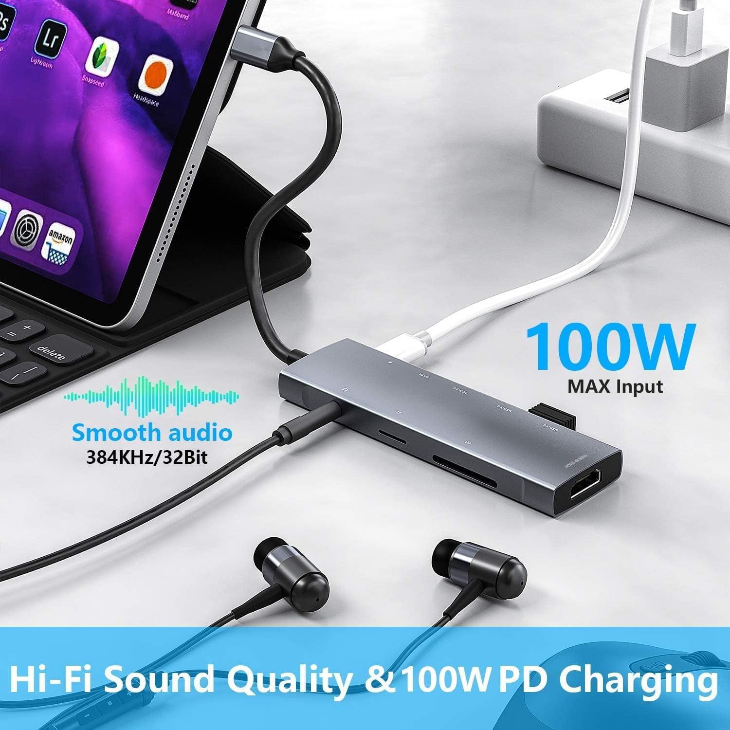 iPad Pro 9-in-1 Adapter USB-C Hub iPad Pro M4 M2 M1 13 12.9 11-inch iPad Air 5 4 Docking Station with 4K HDMI Support, USB-C PD, SD/TF Card Reader, USB 3.0,3.5mm Headphone Jack, Type C Data