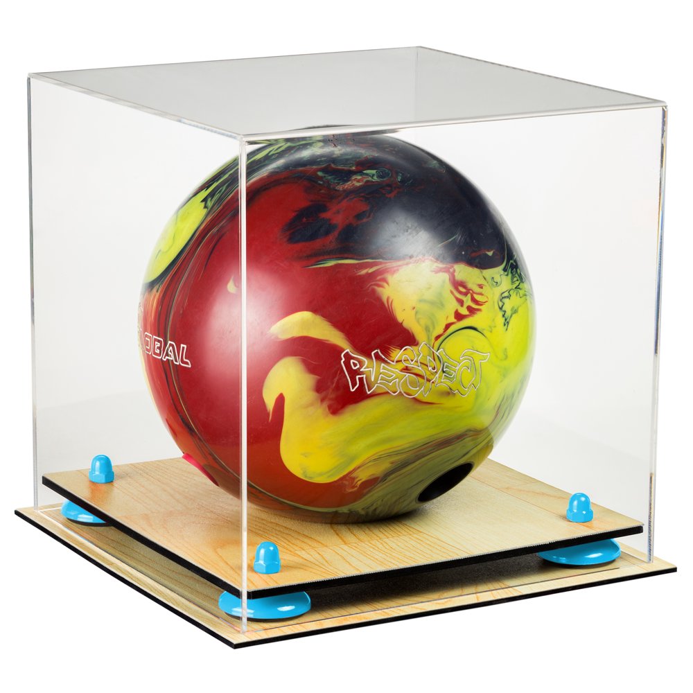 Deluxe Clear Acrylic Bowling Ball Display Case with Blue Risers and Wood Floor (A028BLR