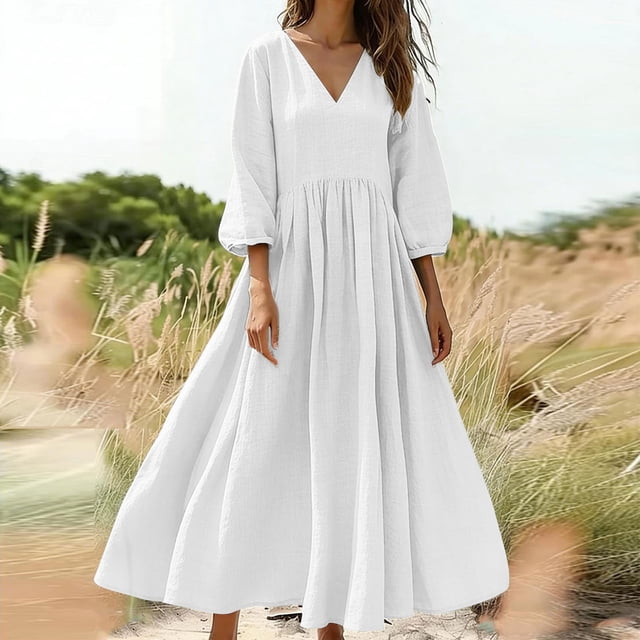 TaTaai Ladies Solid Color Loose Fit V-Neck 3/4 Sleeve Casual Dress Fashion Cotton Linen Style Soft Comfortable Stretchy Long Dress for All Seasons Daily Life Gift