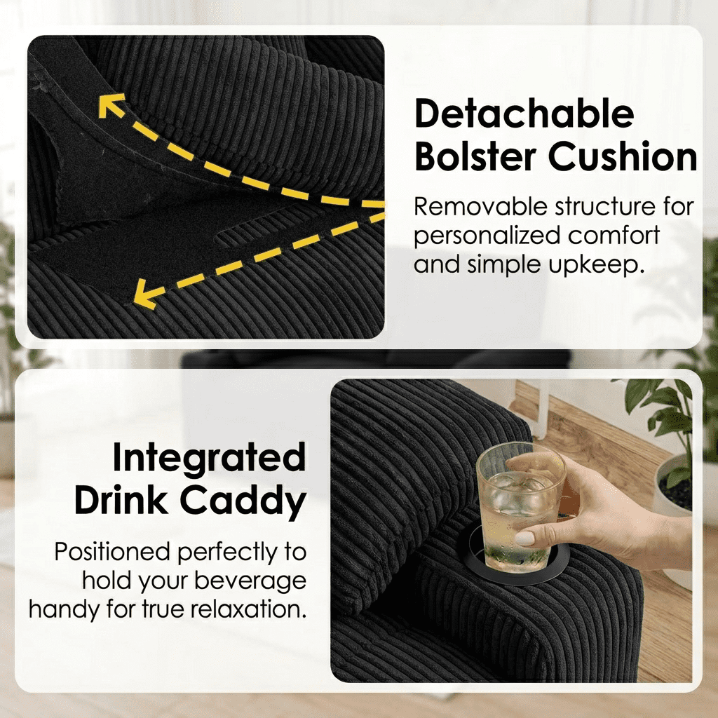 58" Sleeper Sofa Bed, Convertible Pull Out Couch Bed Corduroy Loveseat with Adjustable Backrest, USB Charging Ports, Cup Holders & Foldable Side Table for Living Room Apartment,Black