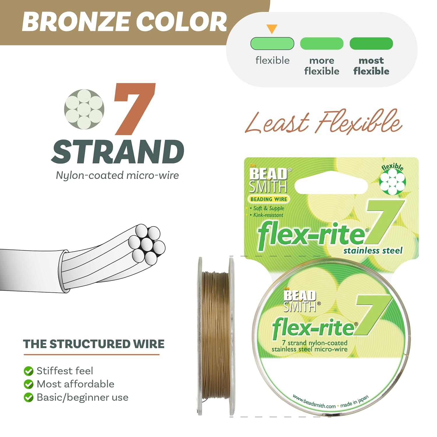The Beadsmith Flex-Rite Beading Wire - 7-Strand, 0.014" (0.35 mm) Dia, Bronze, 30 ft