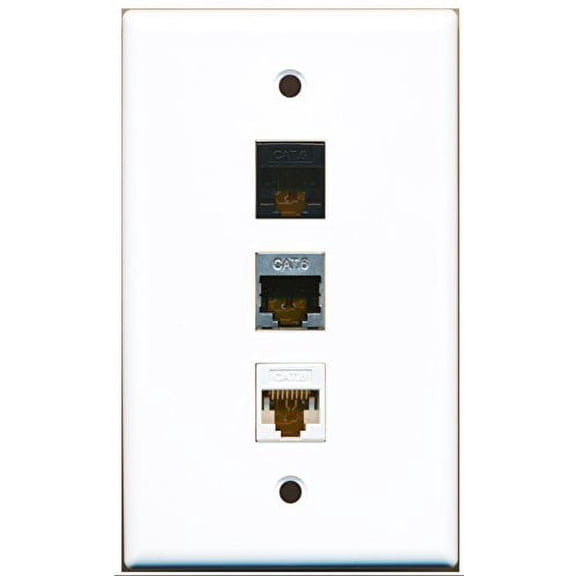 RiteAV - 1 Port Shielded Cat6 Ethernet and 1 Port Cat6 Ethernet White and 1 Port Cat6 Ethernet Black Wall Plate