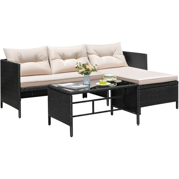 Homall Outdoor Rattan Sofa,L-Shaped Lounge Chair with Table,Black Rattan and Beige Cushion