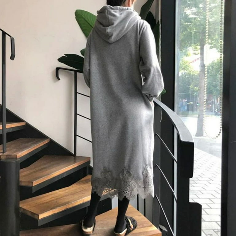 Womens Cotton Blend Oversized Hoodie Dress Floral Lace Hem