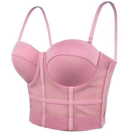 Tao Tao Women s Mesh Bustier Crop Top Push Up Corset Tops Bra Elastic Mesh Fishbone Corset Inside And Outside Wearing Suspenders Pink L