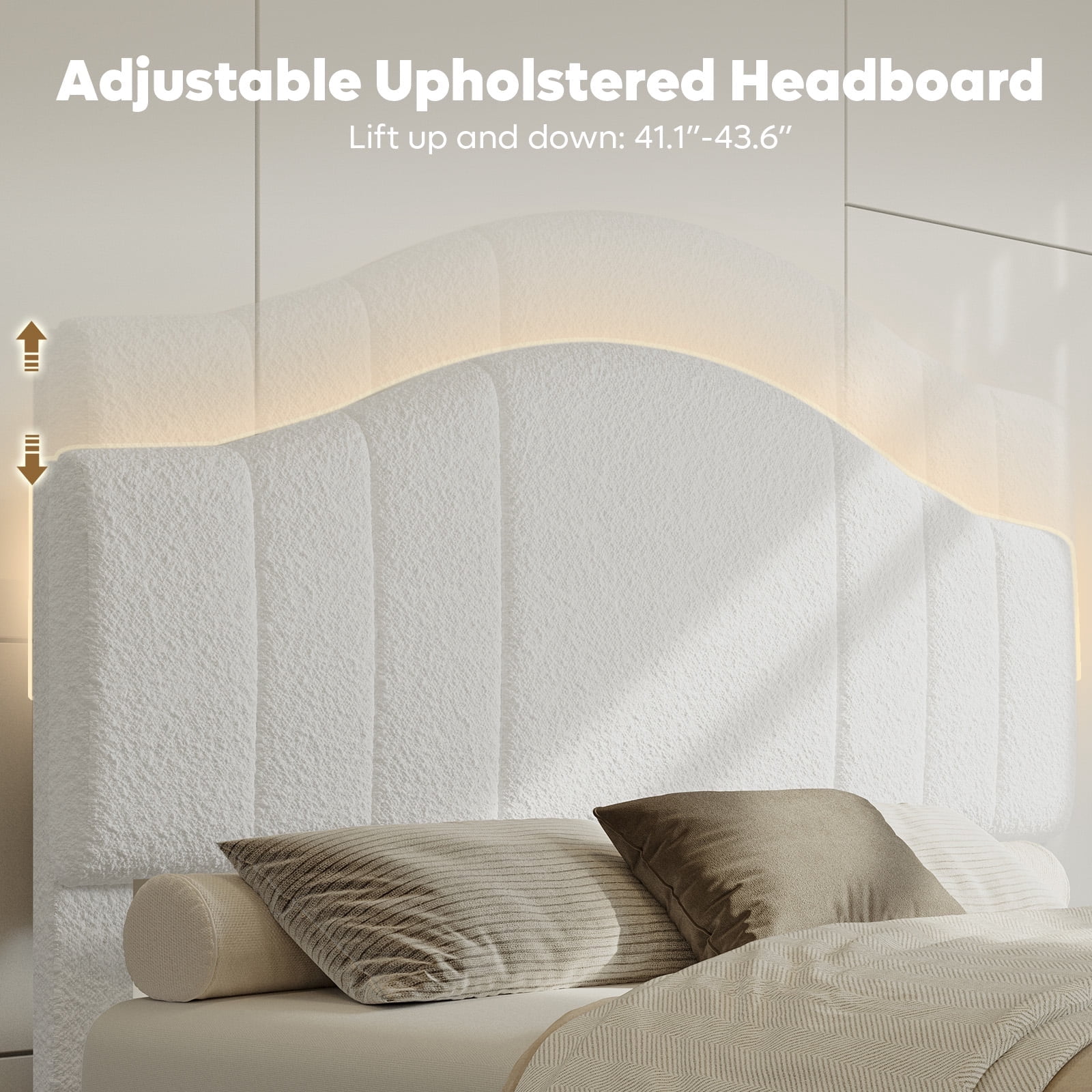 Pinmoco Queen Upholstered Bed Frame with Adjustable Arc-shaped Headboard, LED Platform Bed, Teddy Velvet White