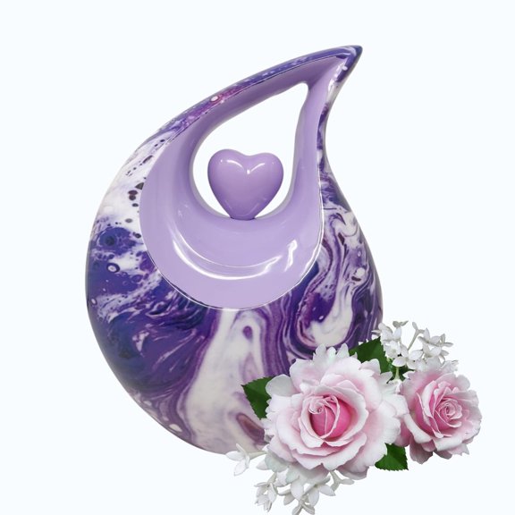 Cremation Urns for Human Ashes Adult Male Female, Large 200 Cubic Inch Metal Urn, Lavender Marble Teardrop Heart Design Memorial Urns, Funeral Urn
