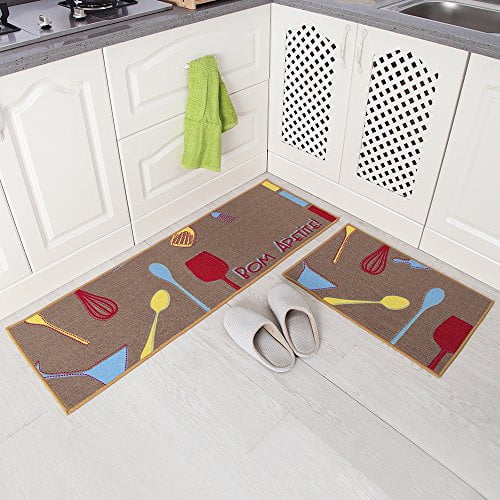 Carvapet 3 Piece Non-Slip Kitchen Mat Rubber Backing Doormat Runner Rug Set Brown 