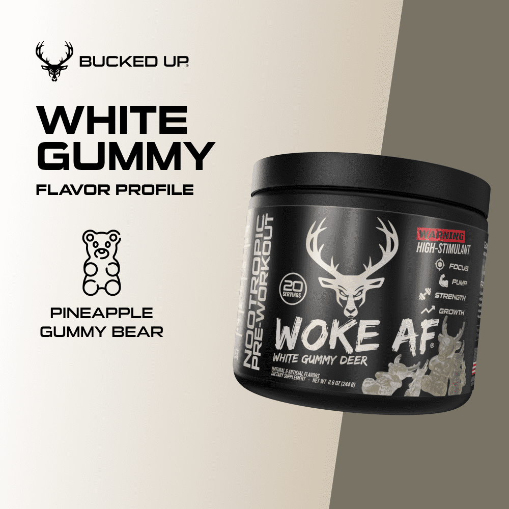Bucked Up Woke AF Pre-Workout Powder, Increased Energy, White Gummy Deer, 333 mg Caffeine, 20 Servings
