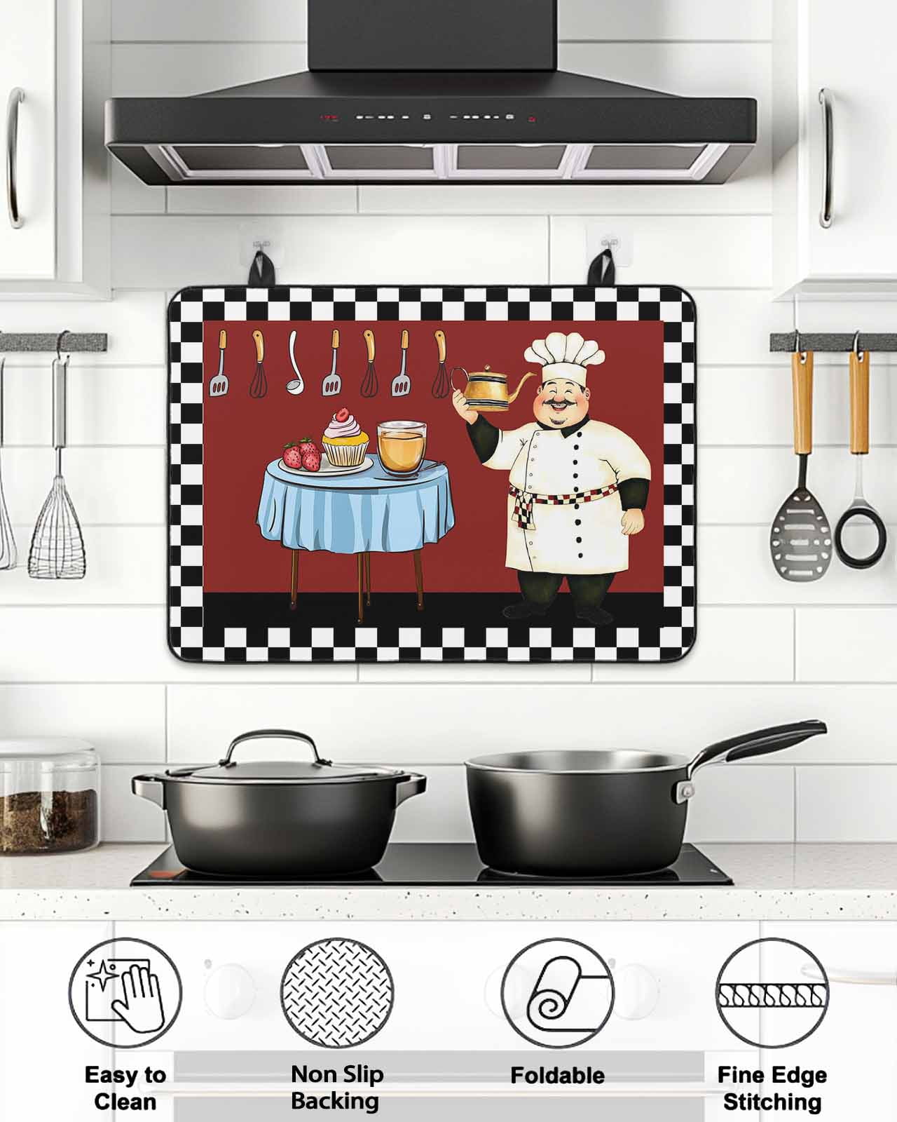 Stove Top Covers for Electric Stove, Chef Glass Stovetop Cover Protector, Cartoon Red Food Cooking Black White Buffalo Check Induction Cooktop Protector Oven Mat for Kitchen Countertop 24"x21"
