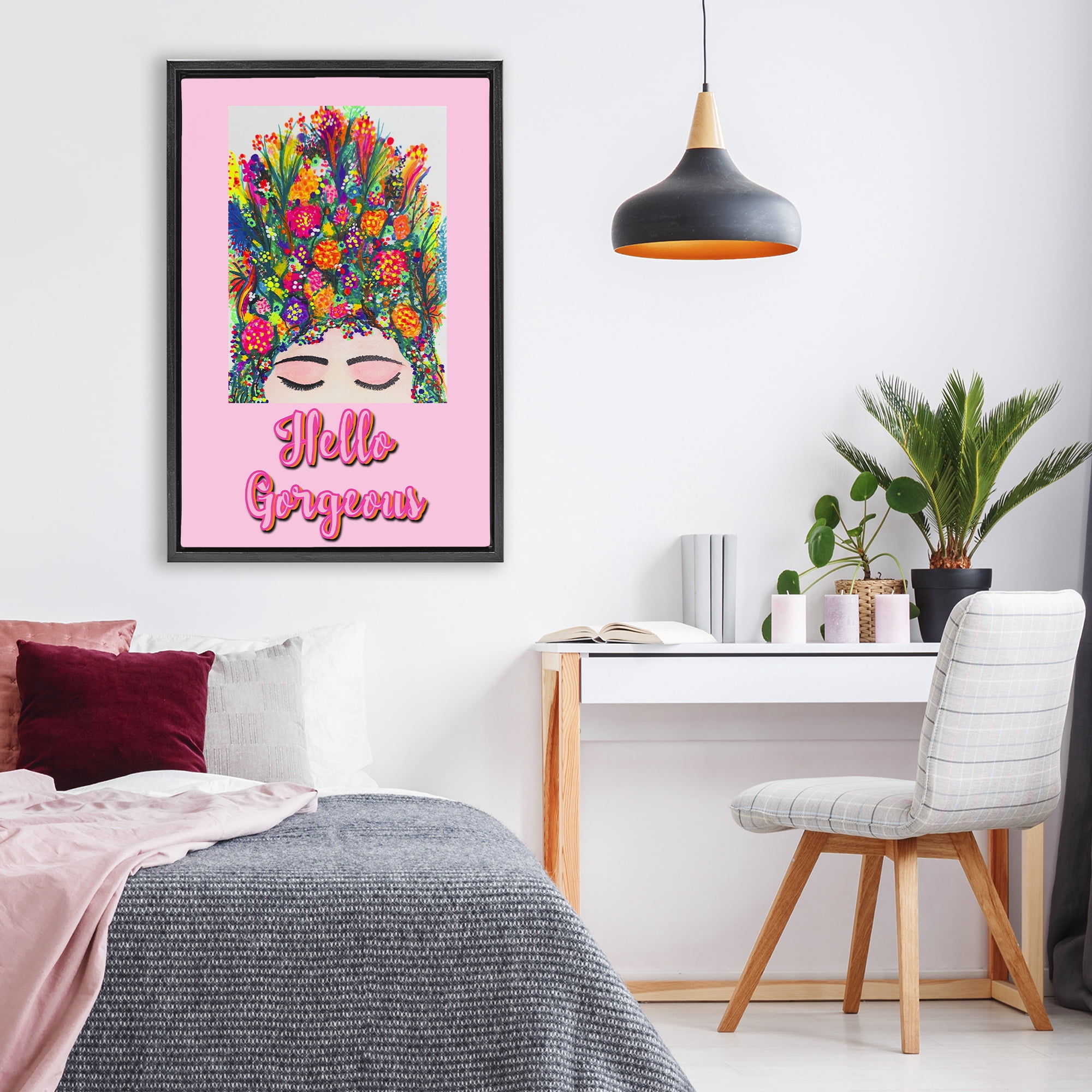 Stupell Industries Hello Gorgeous Floral Woman Black Framed Floater Canvas Wall Art, design by Pooja Dave