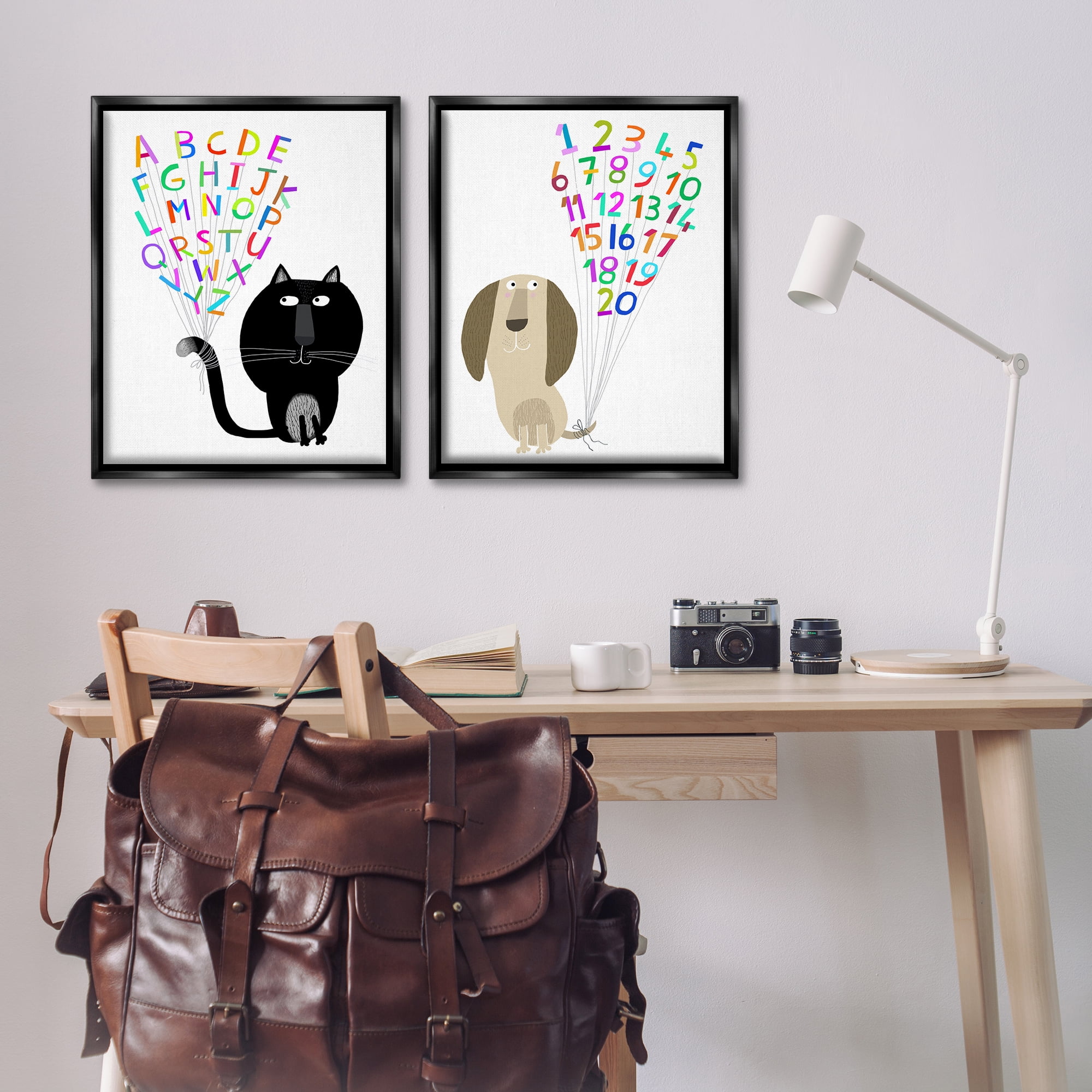 Stupell Industries Cat Dog Alphabet Numbers Education Painting Black Floater Framed Canvas Art Print Wall Art, 31 x 25, Set of 2
