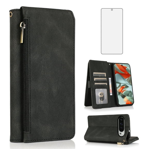 Asuwish Phone Case for Google Pixel 9 Pro XL Wallet Mobile Accessories Cash Cell Cover with Tempered Glass Screen Protector Flip Zipper Stand Card Holder Slot Pixel9 9Pro 9ProXL Nine Women Men Black