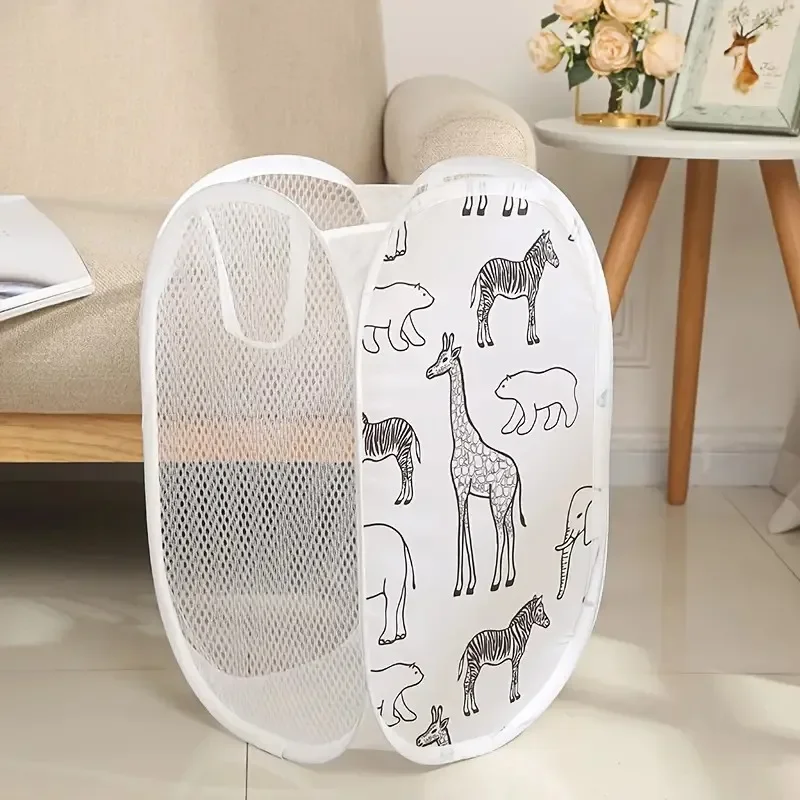 Baby Bath Toy Organizer Mesh Foldable Laundry Basket Cartoon Print Storage Basket Kids Bathroom Dirty Clothes Storage Bag