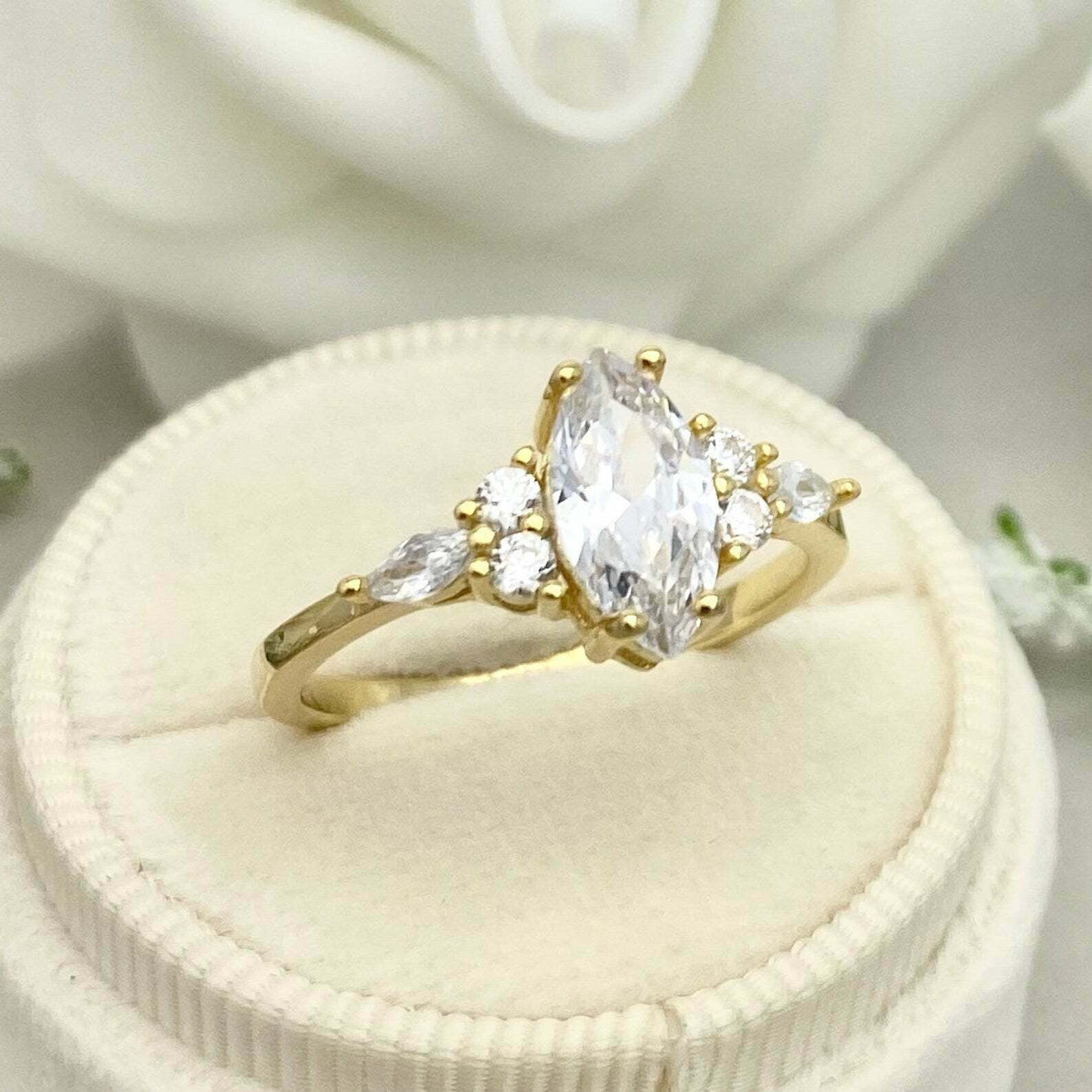HeartsAndYou 1.5ct Engagement Ring for Women Marquise Cut Moissanite Petite Solitaire 18k Yellow Gold Over Silver
